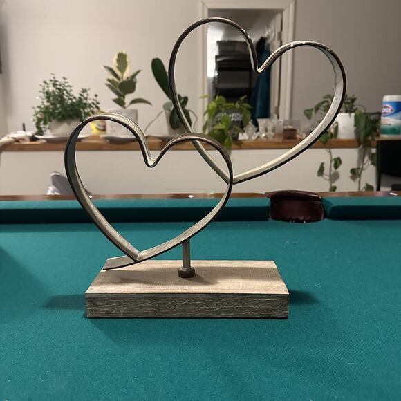 Rustic Metal Double Heart Sculpture on Wood Base 13” Farmhouse Tabletop Decor - Picture 2 of 7